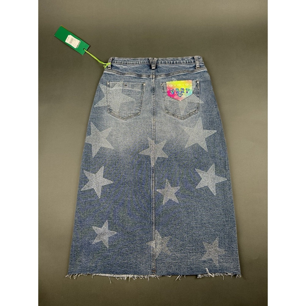 Vibrant VBRT Boot Barn Metallic Stars Rhinestone Denim Jean Women's M Skirt NEW - Picture 14 of 16
